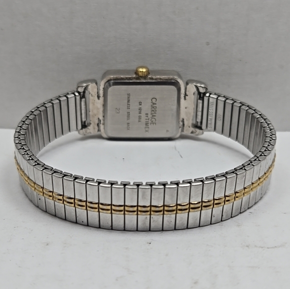 Womens Carriage by Timex Tank Watch Silver Gold Two Tone Stretch New Battery - Picture 7 of 10